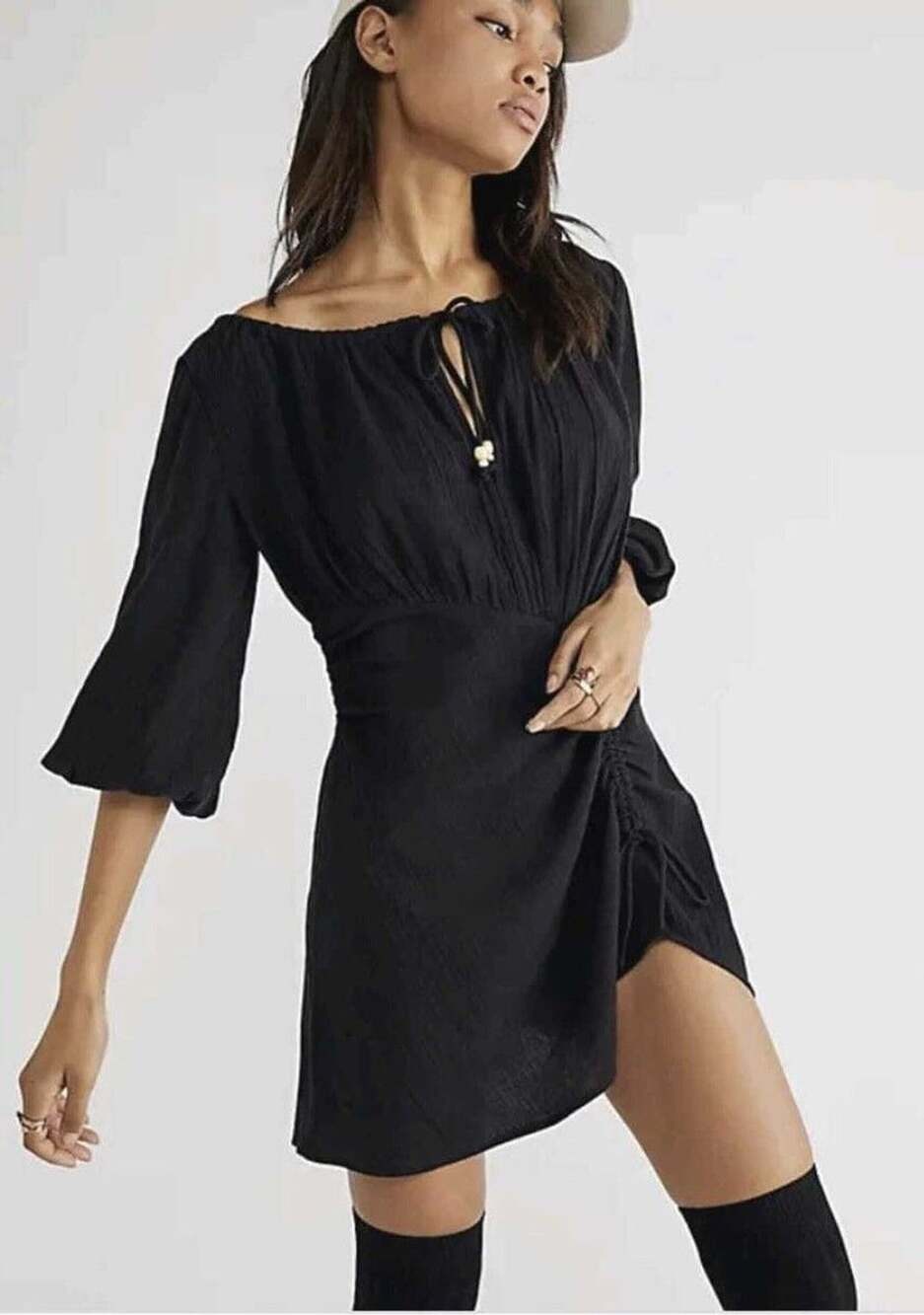 Free People Port Sunlight Mini Dress Black Smocked Size L